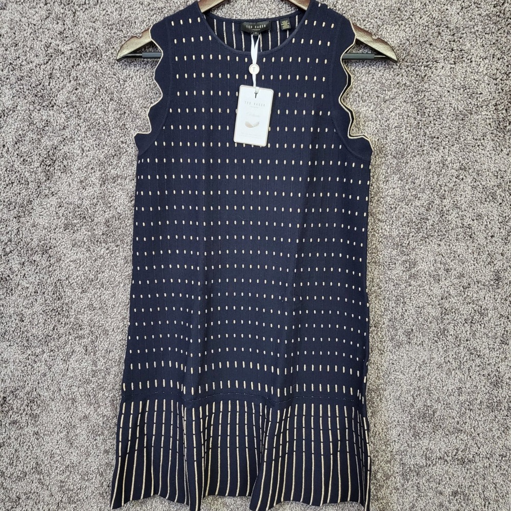 Ted Baker Relioa Dress Women 2 Navy Gold NEW Metallic Jacquard Scalloped Mini